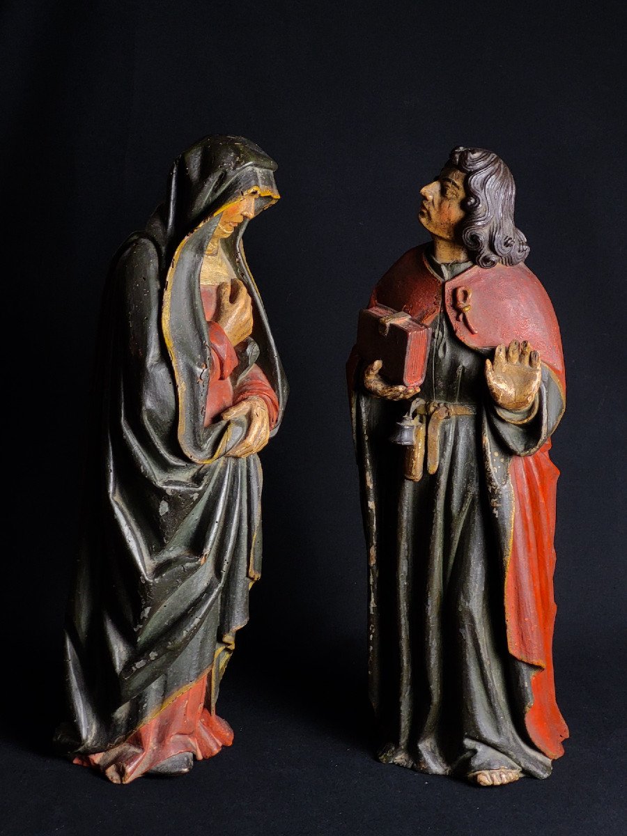 Paire De Statues De La Vierge Et Saint Jean En Noyer Polychrome, Flandres 1ere Moitié Du XVIème-photo-5