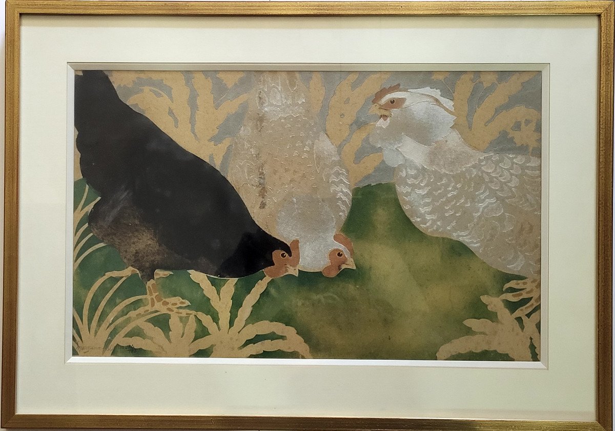  Manzanna-pissaro (1871-1961), Rooster With 2 Hens, Stencil In Gouache And Gold Paint.