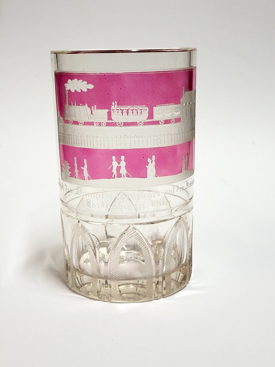 Rare Verre Commémoratif Du Départ Du Train à Vapeur De la Ligne "kaiser Ferdinand" à Vienne.