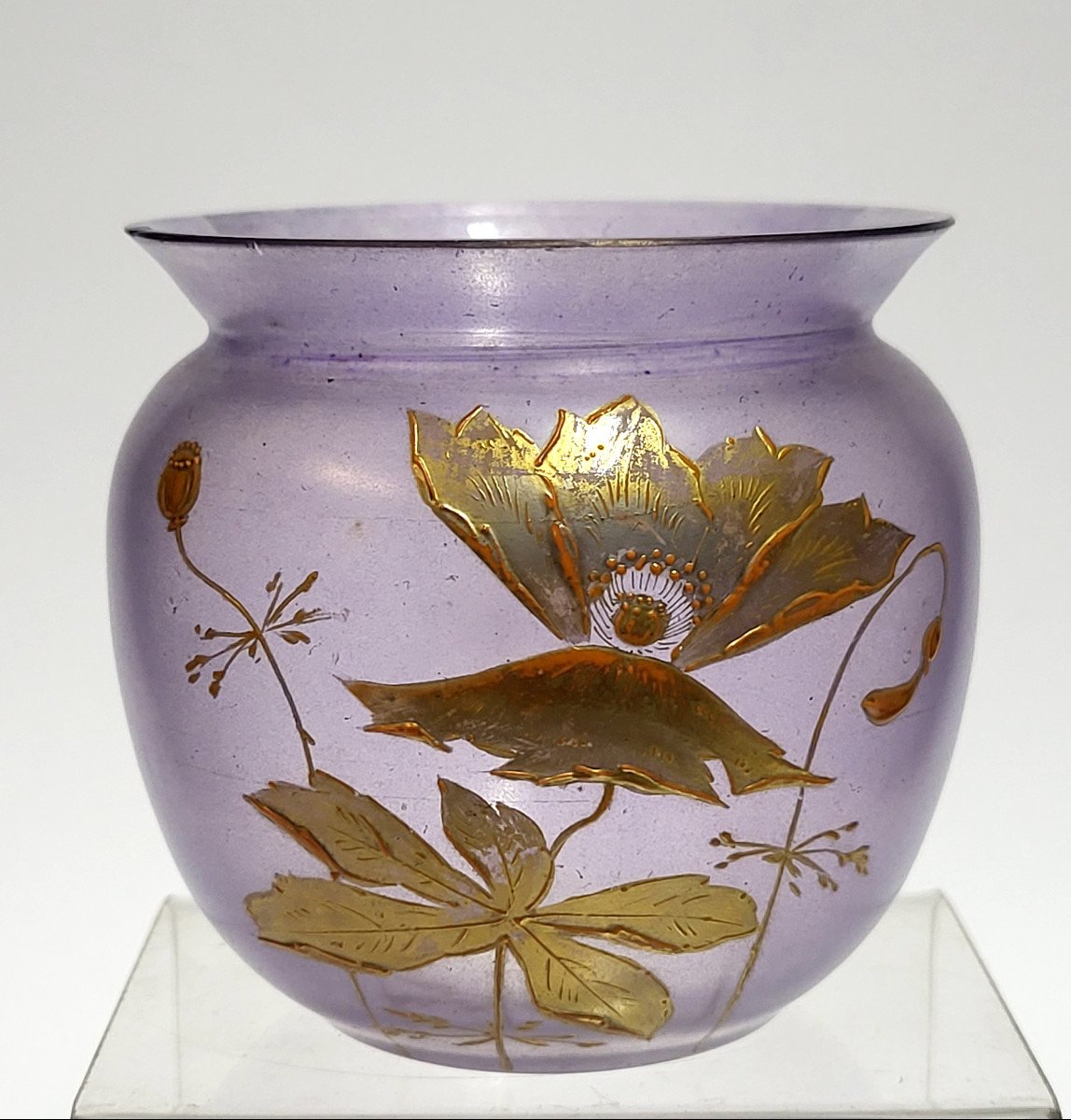 Small 1900 Vase In Parma Tinted Glass With Enameled And Gilded Poppy Decoration.