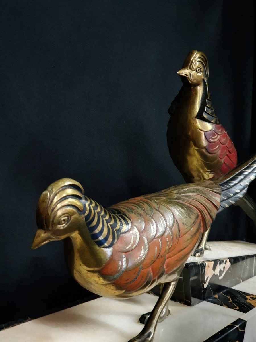 Jeanne Hugues (1855-1932) Couple Of Pheasants In Gilt Bronze And Polychrome, Around 1925.-photo-4