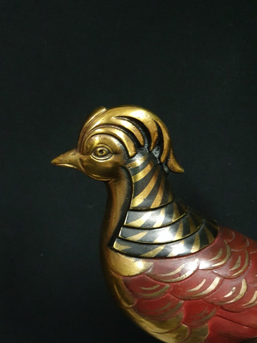 Jeanne Hugues (1855-1932) Couple Of Pheasants In Gilt Bronze And Polychrome, Around 1925.