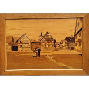 Charles Spindler, Large Marquetry Panel, View Of An Alsatian Village.