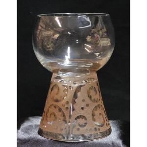 Daum Art-deco Glass With Acid-etched Scrollwork Decor, Old Pink Patina.