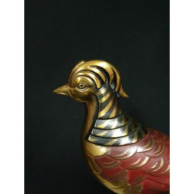 Jeanne Hugues (1855-1932) Couple Of Pheasants In Gilt Bronze And Polychrome, Around 1925.