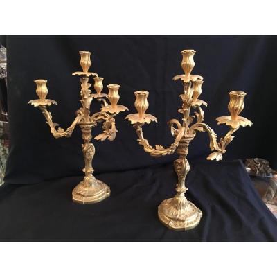Candlestick / Candelabra Pair Lxv Style Gilt Bronze