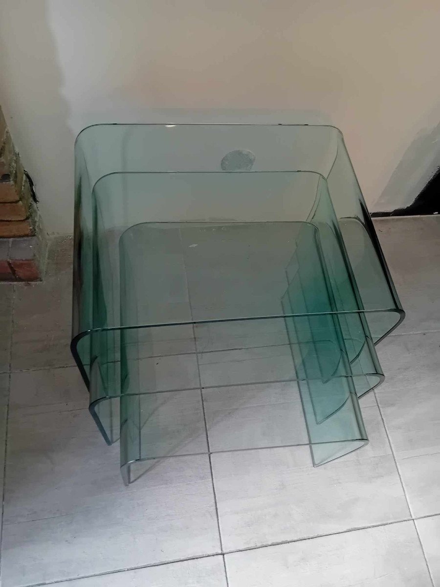 Suite De 3 Tables Gigognes En Verre Courbé Années 80.-photo-2