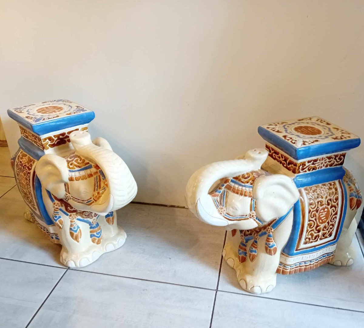 Pair Of Elephants In Glazed Earthenware For Use As Ends Of Sofas,-photo-2