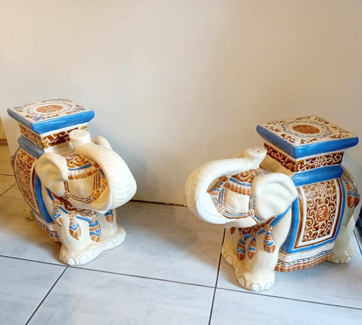 Pair Of Elephants In Glazed Earthenware For Use As Ends Of Sofas,-photo-1