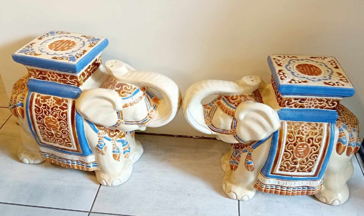 Pair Of Elephants In Glazed Earthenware For Use As Ends Of Sofas,-photo-2