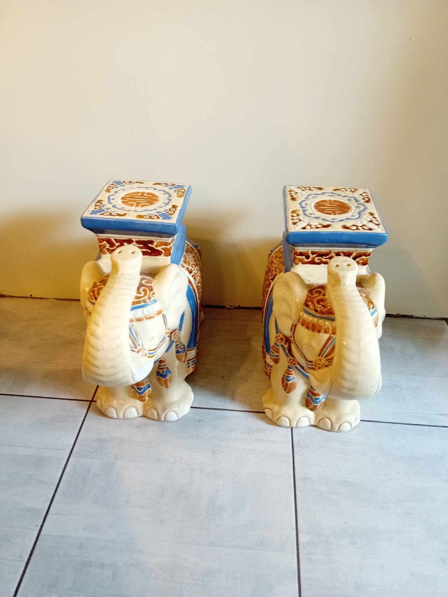 Pair Of Elephants In Glazed Earthenware For Use As Ends Of Sofas,-photo-3