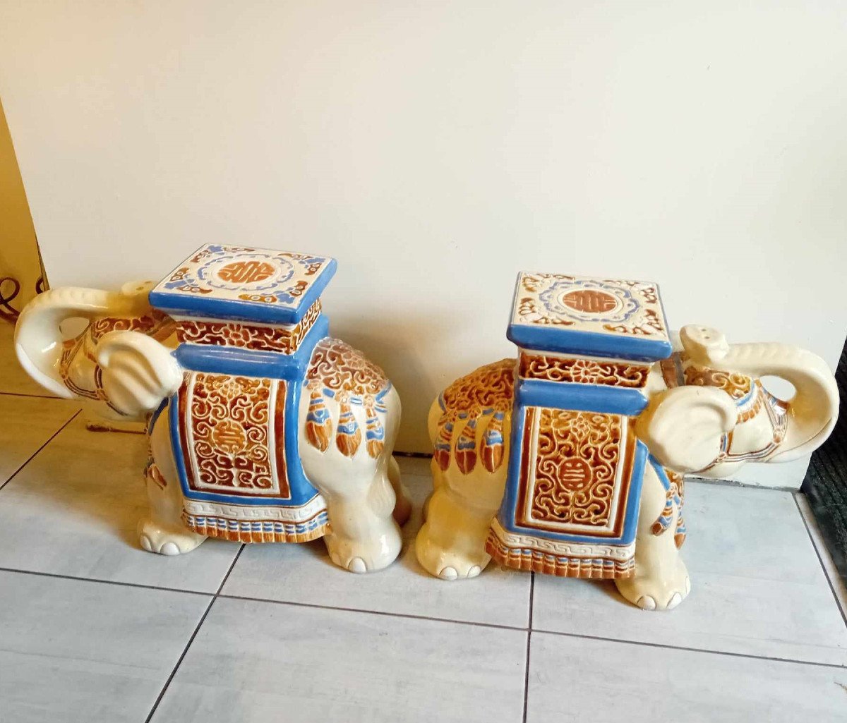 Pair Of Elephants In Glazed Earthenware For Use As Ends Of Sofas,-photo-4