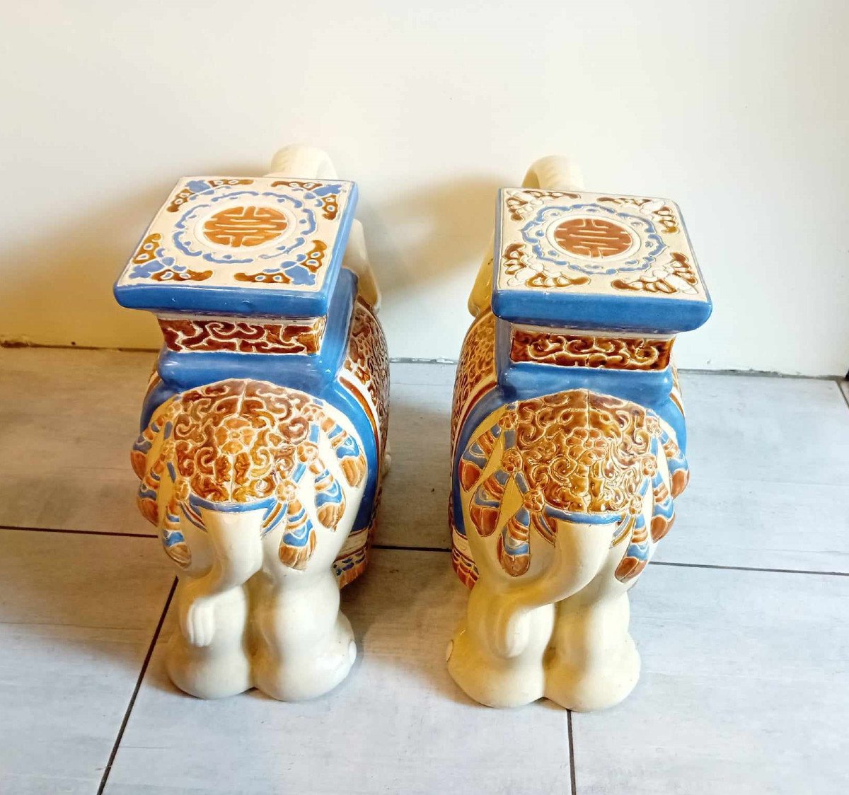 Pair Of Elephants In Glazed Earthenware For Use As Ends Of Sofas,-photo-5