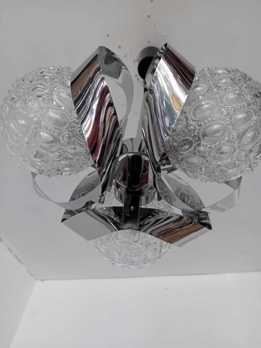 Chandelier 3 Balls Stainless Steel Frame 70s Space Age-photo-3