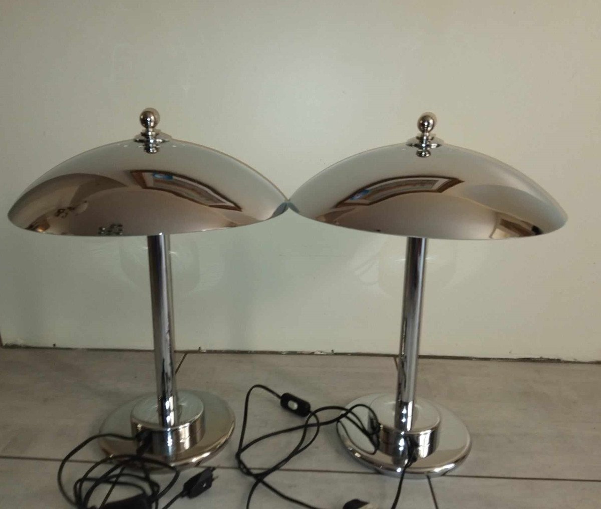 Pair Of Bauhaus Style Chrome Mushroom Lamps-photo-2