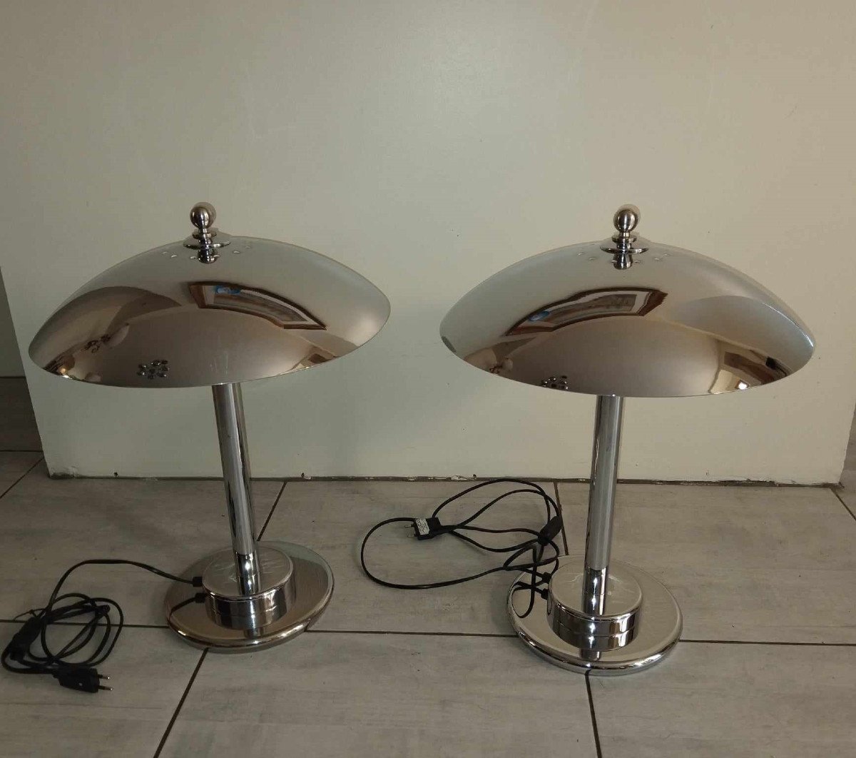 Pair Of Bauhaus Style Chrome Mushroom Lamps