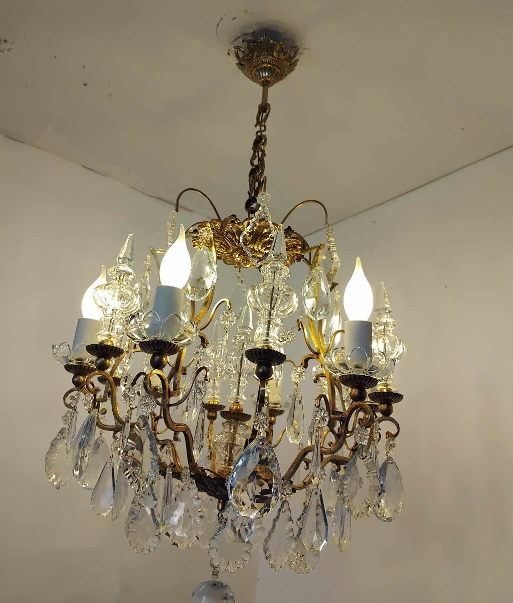 6-light Cage Chandelier With Crystal Dagger, Late 19th Century-photo-2