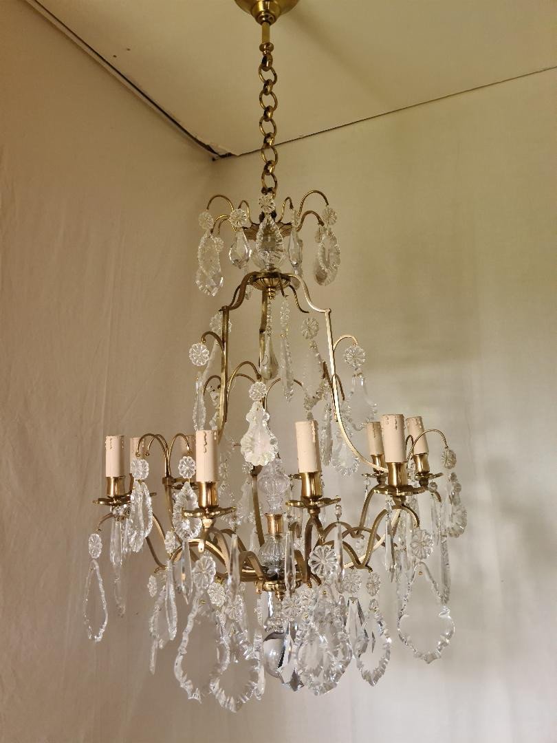 Very Beautiful Cage Chandelier In Bronze With Crystal Plates-photo-6