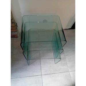 Suite De 3 Tables Gigognes En Verre Courbé Années 80.