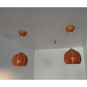 Pair Of 70's Globes In Orange Lacquered Metal.