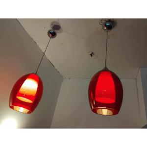 Pair Of Conical Pendant Lights In Red Tinted Glass