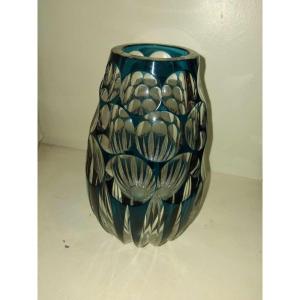 Vase En Cristal St Lambert Bleu Modèle Adp36 De 1925