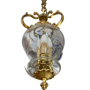 Ceiling Lantern. Bronze And Blown Glass. 3 Light Points. Twentieth Century.