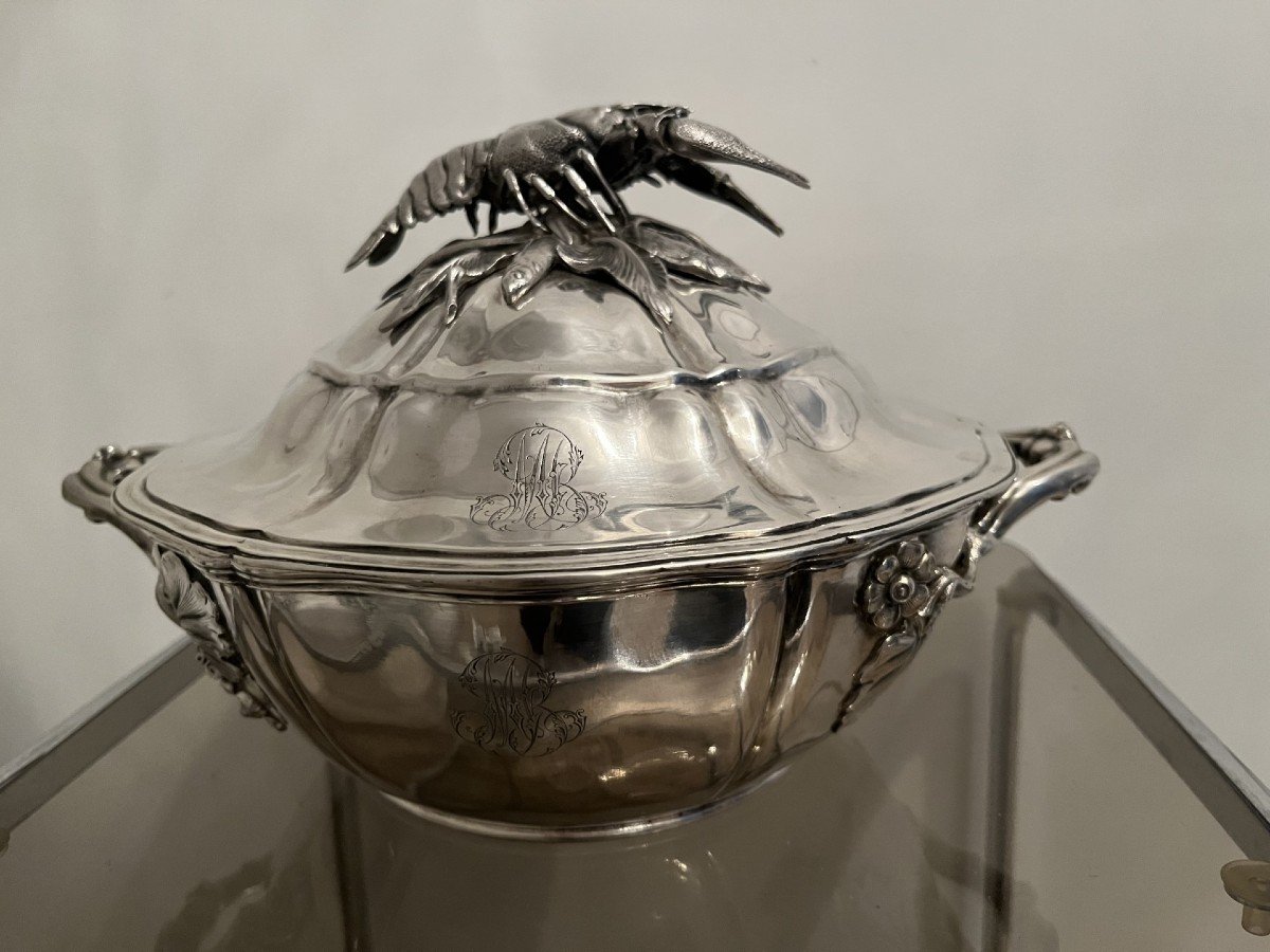 French Silver Vegetable Dishe And Cover With Lobster