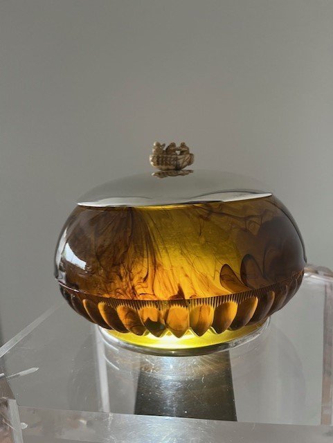 Very Beautiful Bowl In Glass Amber  Colored Glass With Basement And Cover In Solid Silver