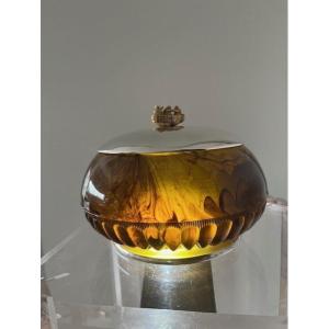 Very Beautiful Bowl In Glass Amber  Colored Glass With Basement And Cover In Solid Silver