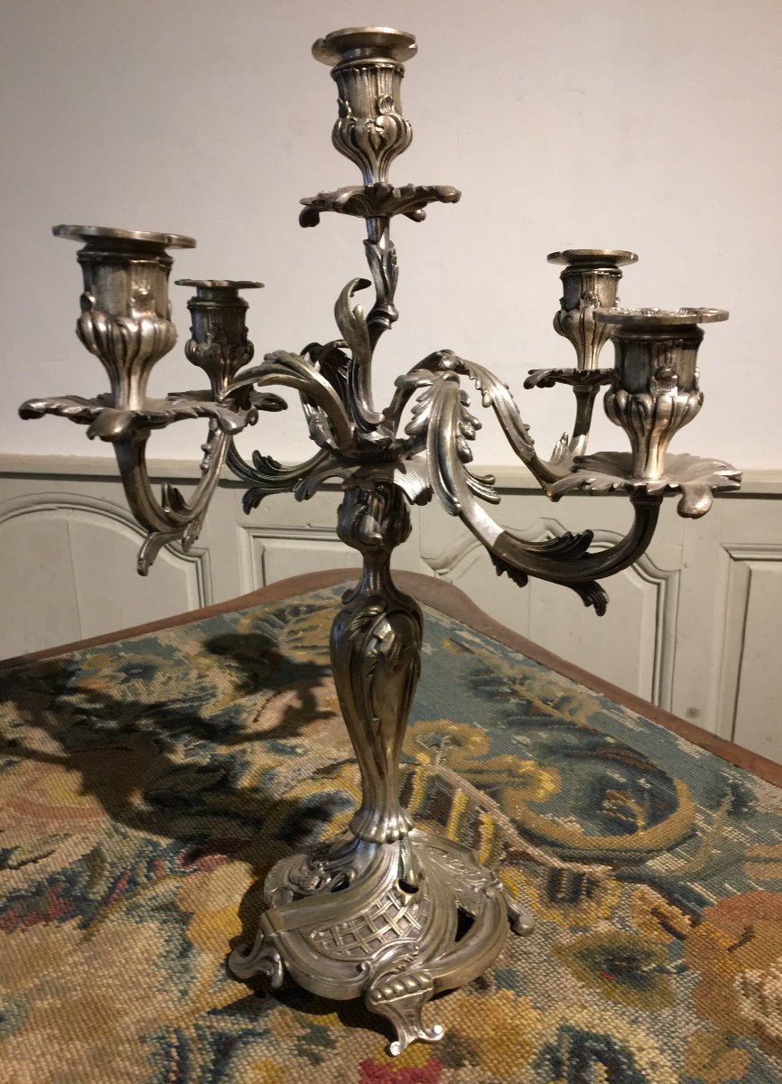 Pair Of Silver-plated Bronze Candelabras, 19th Century-photo-2