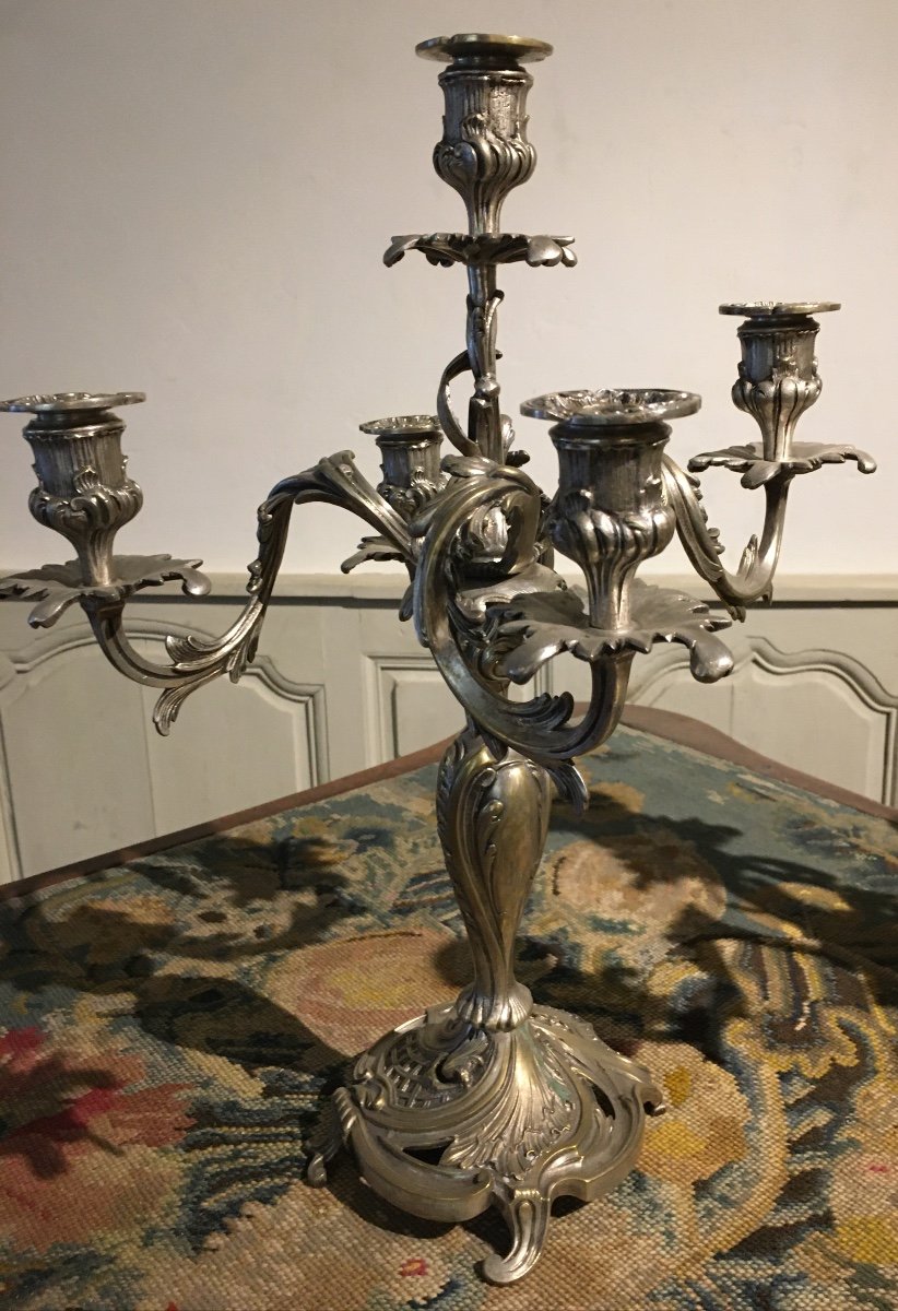 Pair Of Silver-plated Bronze Candelabras, 19th Century-photo-3