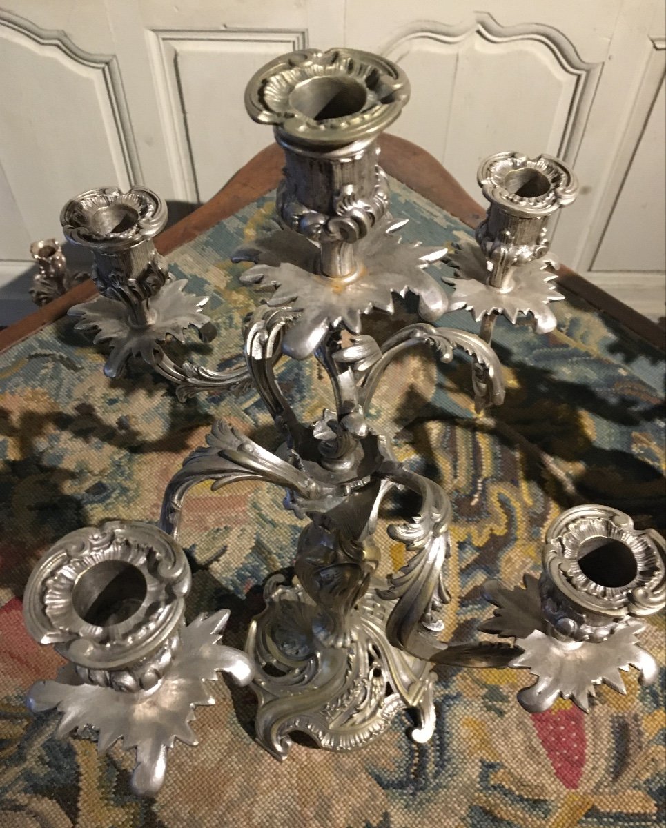 Pair Of Silver-plated Bronze Candelabras, 19th Century-photo-2