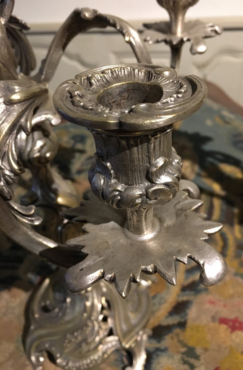 Pair Of Silver-plated Bronze Candelabras, 19th Century-photo-3