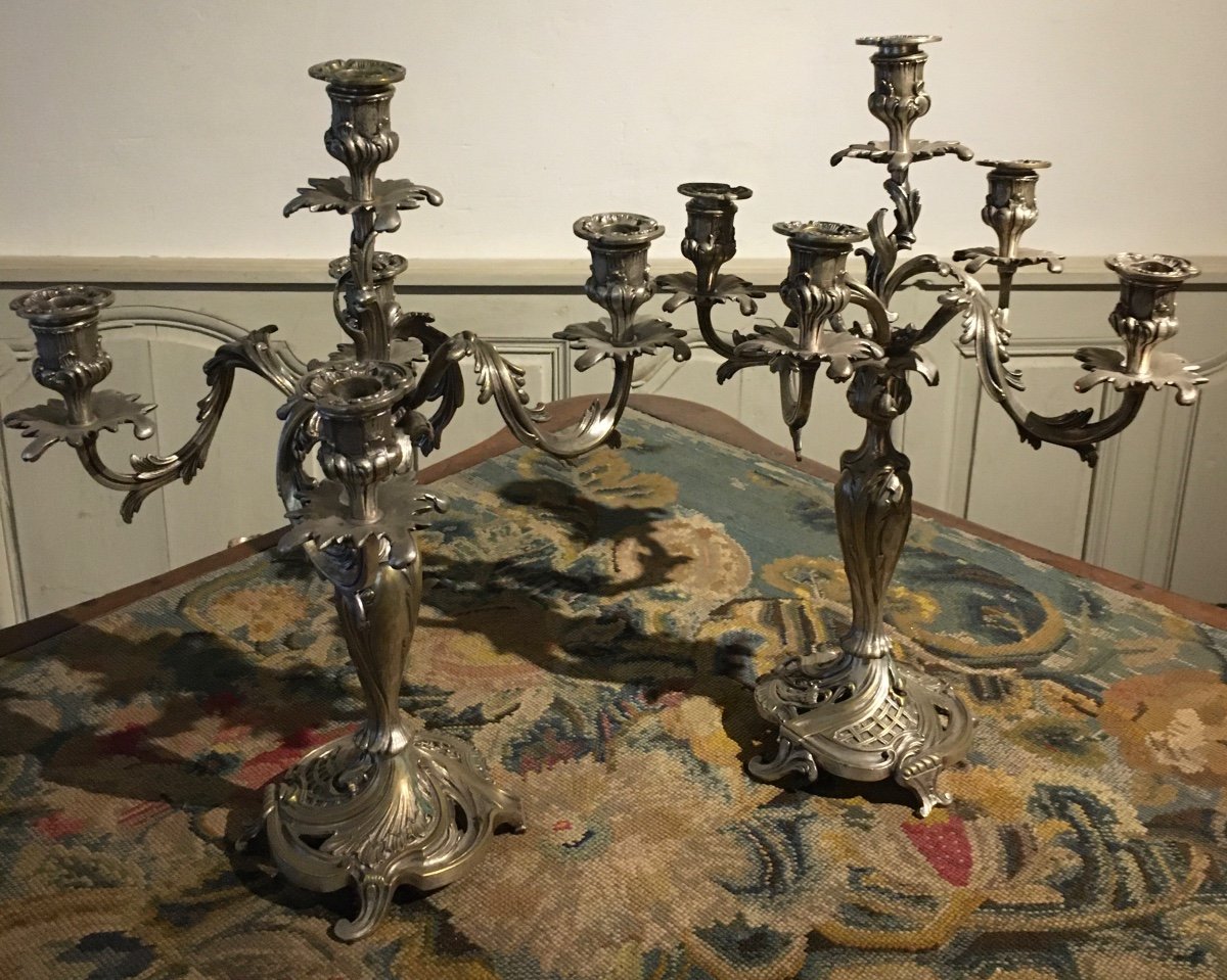 Pair Of Silver-plated Bronze Candelabras, 19th Century