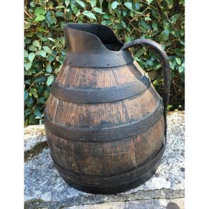 Large Iron-rimmed Wooden Wine Pitcher