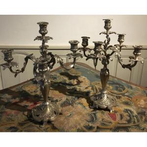 Pair Of Silver-plated Bronze Candelabras, 19th Century