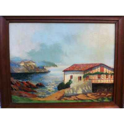 Oil On Hardboard "de La Rhune Guethary View" Signed Louis Bertrand