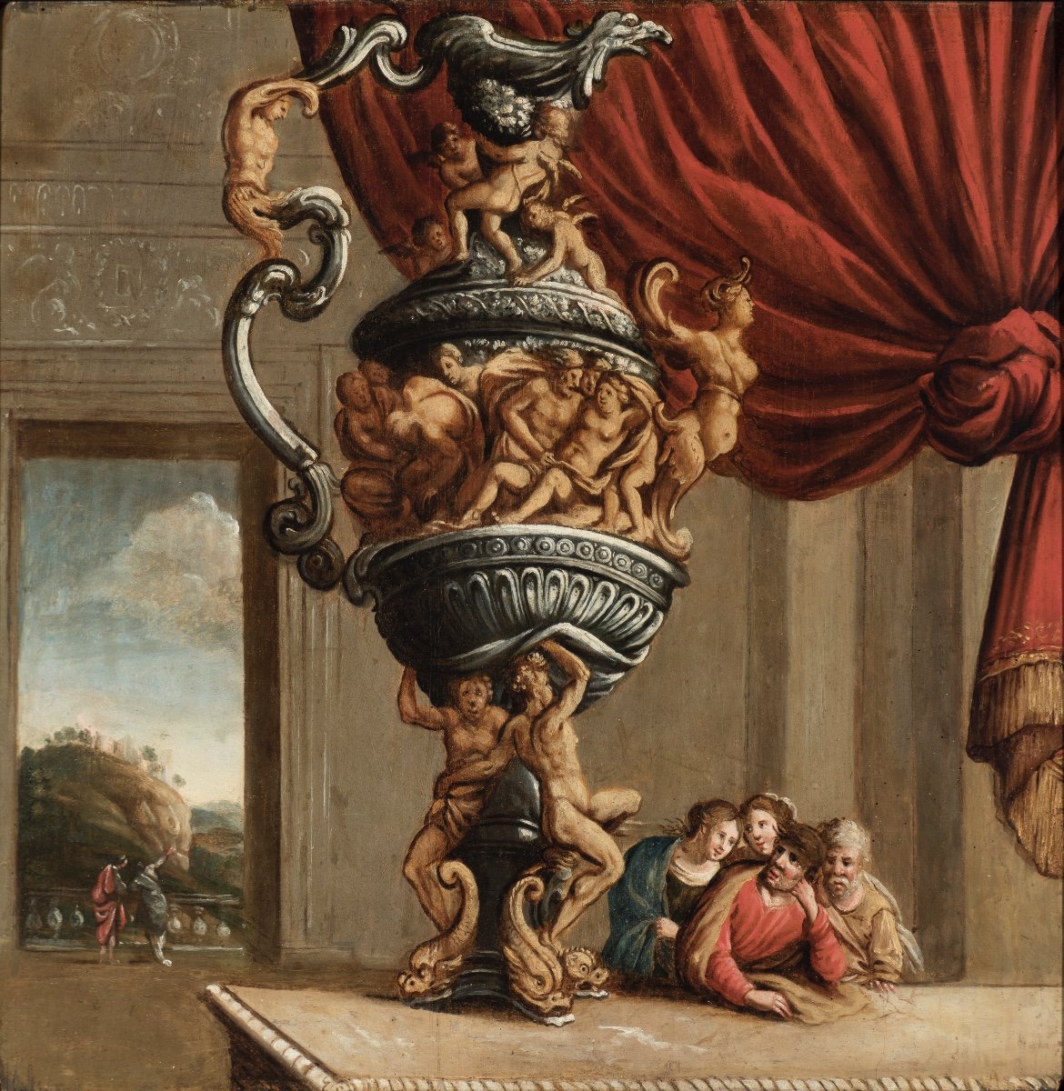 Painting Depicting Monumental Garden Vase Attr. To Attr. Jean Le Pautre