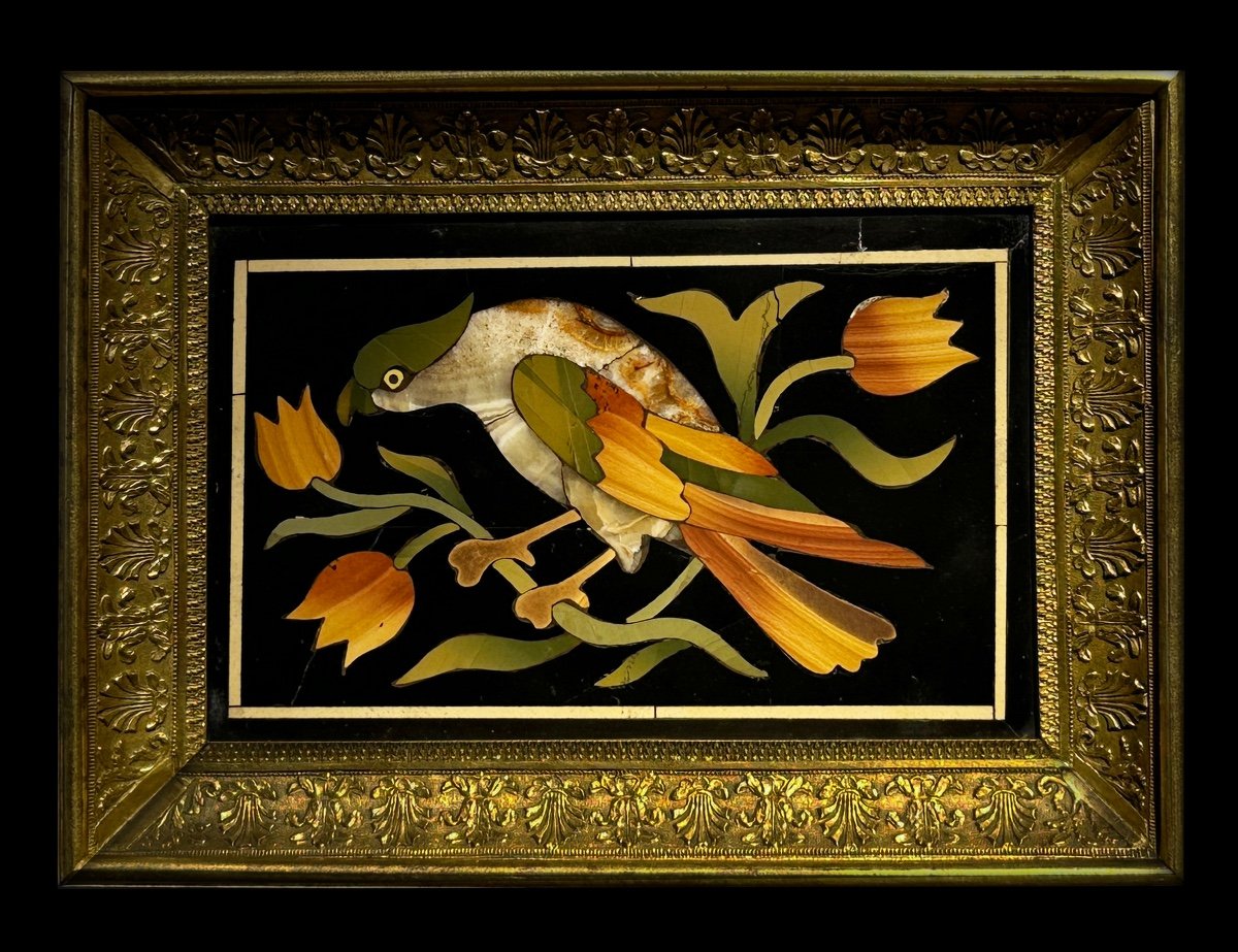 Paire De Plaques De Pietra Dura Aux Oiseaux Dans Cadre En Bronze Doré, XVIIIe Siècle-photo-2