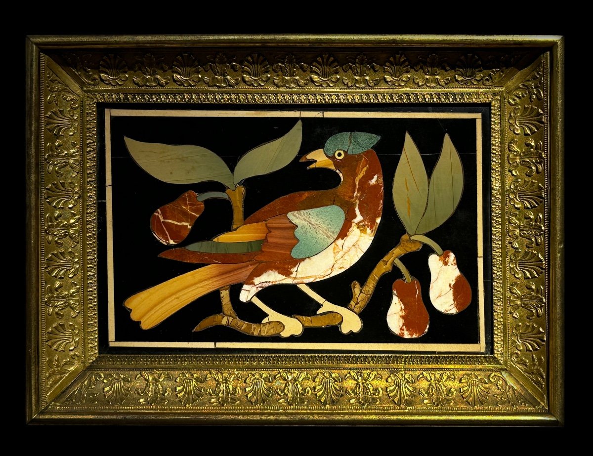 Paire De Plaques De Pietra Dura Aux Oiseaux Dans Cadre En Bronze Doré, XVIIIe Siècle-photo-3