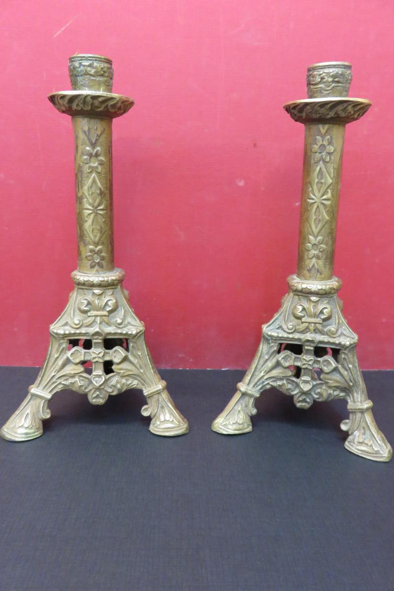 Pair Of Candlesticks Copper De Petite 19th Time.