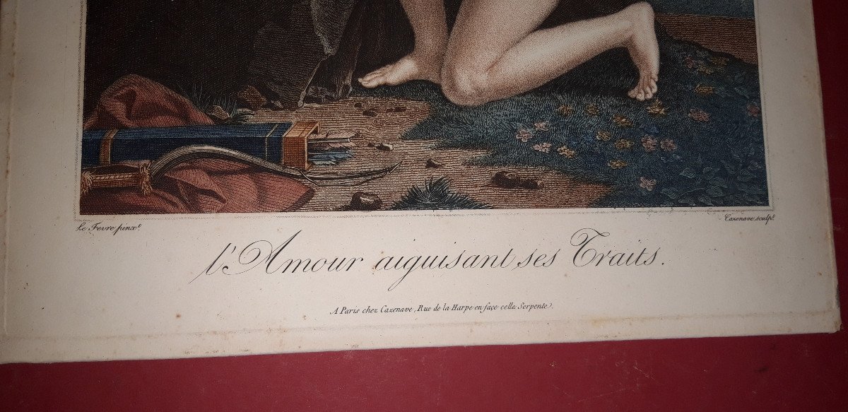 "L'Amour Aiguisant ses Traits ",  eau-Forte  époque fin 18ème.-photo-3