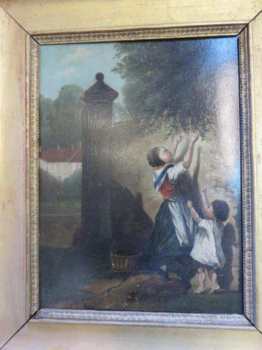 Painting, Two Children Picking Cherries, Then The 19th.-photo-2