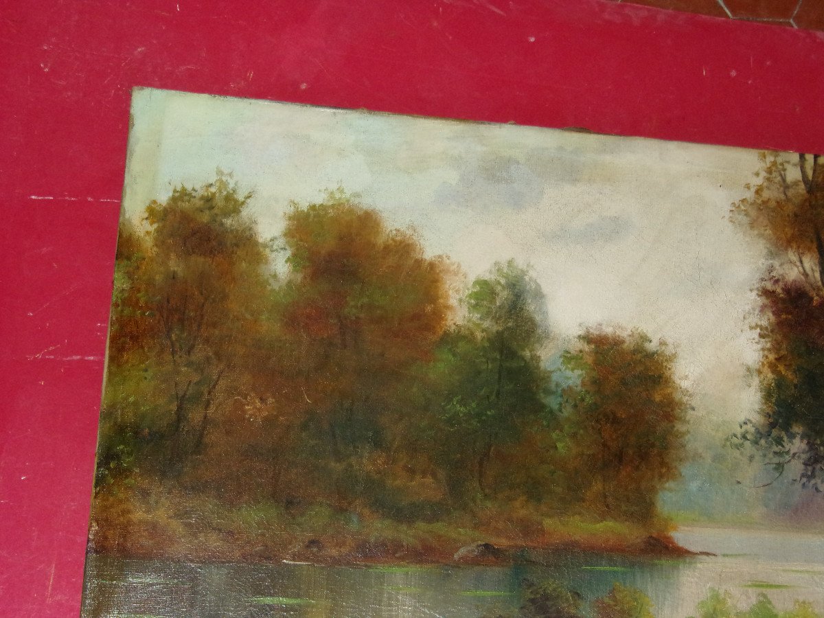 Edge Of A Pond In Autumn, 19th Century Painting.-photo-3