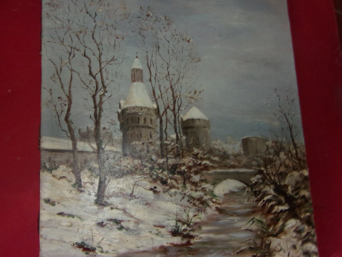 Entrance To Fortified City Under The Snow, 19th Century Painting.-photo-2