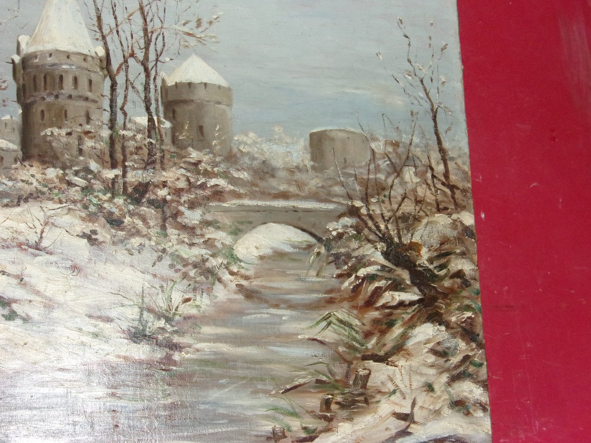 Entrance To Fortified City Under The Snow, 19th Century Painting.-photo-4