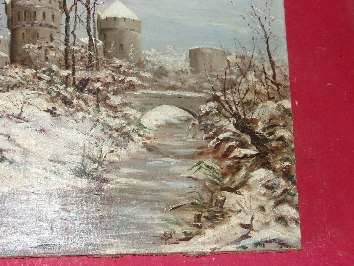 Entrance To Fortified City Under The Snow, 19th Century Painting.-photo-3