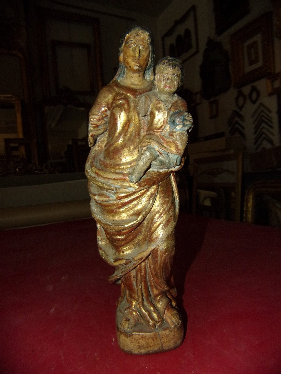 Vierge à l'Enfant, Statue époque Fin 17ème, En Bois Doré.-photo-2