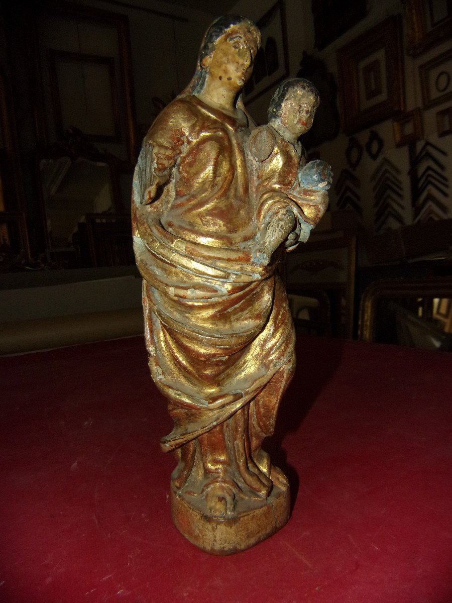 Vierge à l'Enfant, Statue époque Fin 17ème, En Bois Doré.